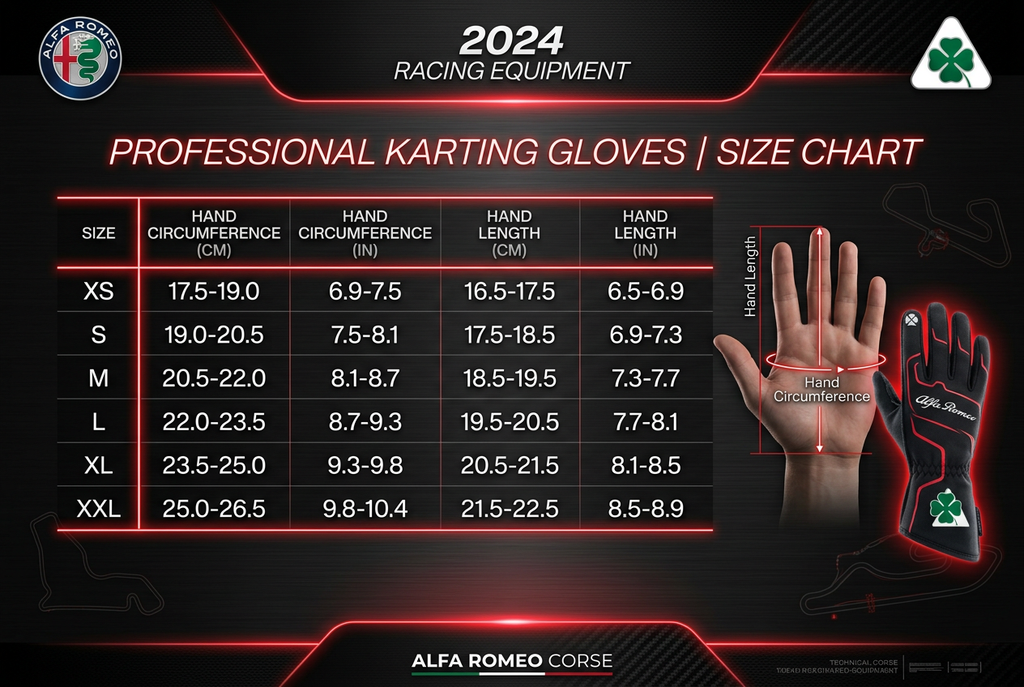 Alfa Romeo Karting Gloves 2024 - Size Chart