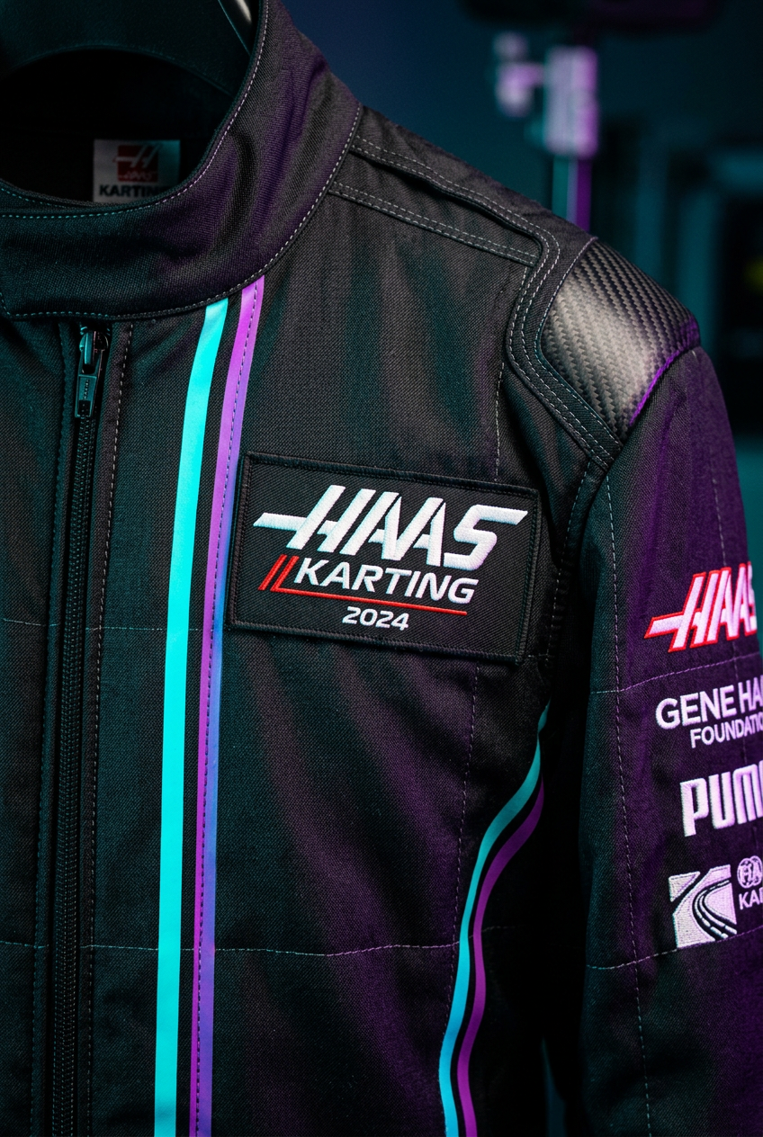 Hass Karting Suit 2024 close-up detail shot