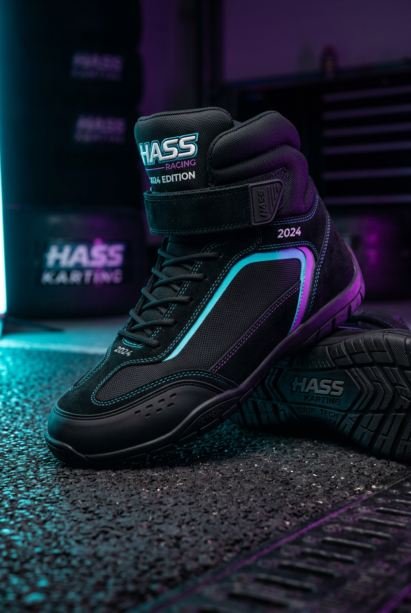 Hass Karting Boots 2024 close-up detail shot