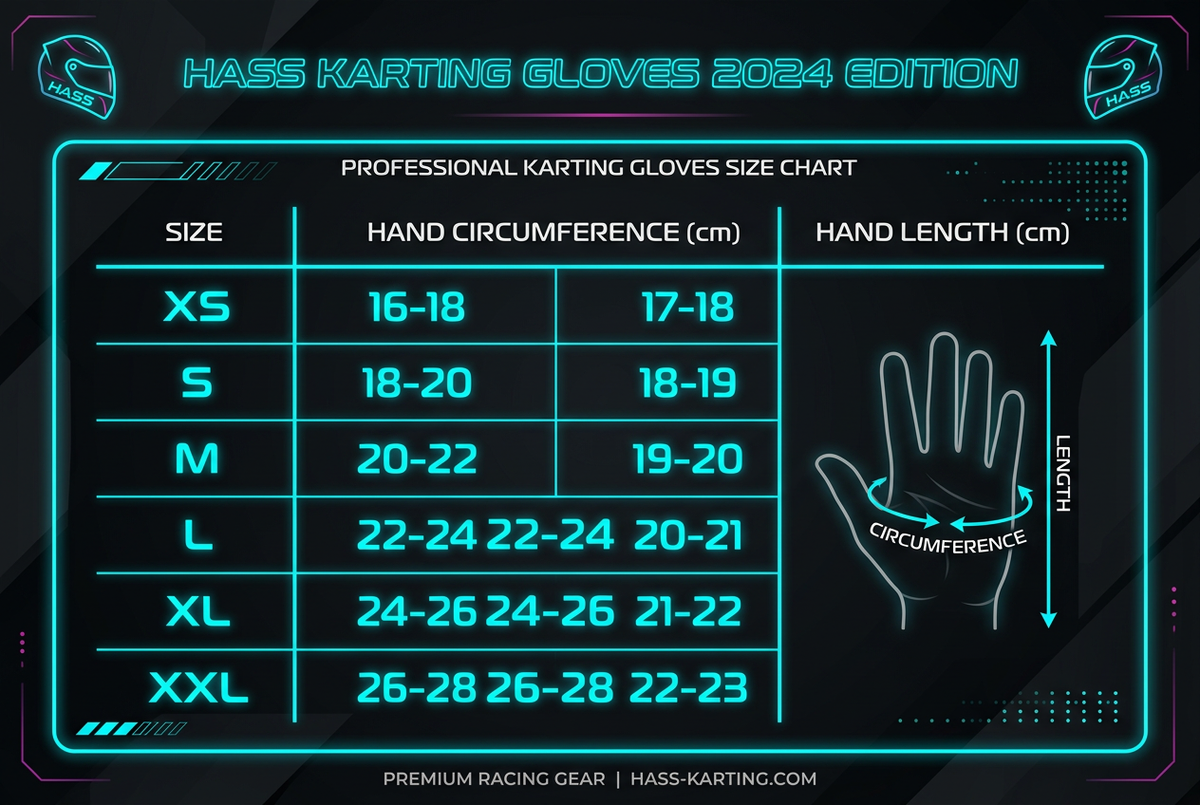 Hass Karting Gloves 2024 size chart XS to XXL