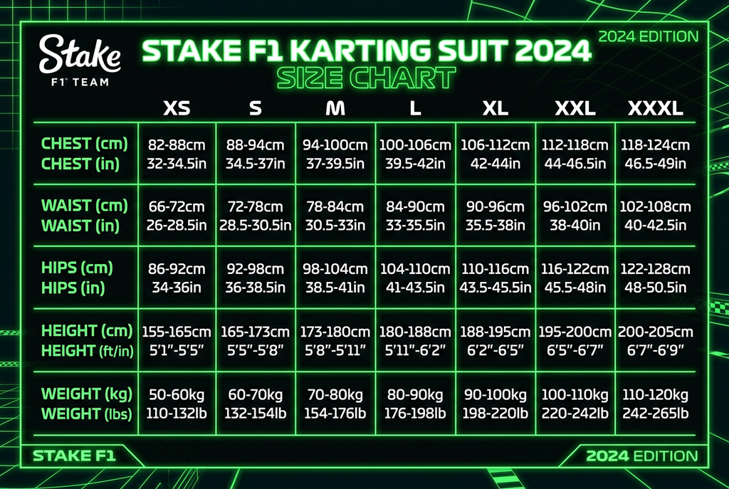 Stake F1 Karting Suit 2024 size chart XS to XXXL