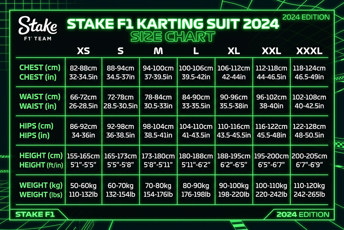 Stake F1 Karting Suit 2024 size chart XS to XXXL