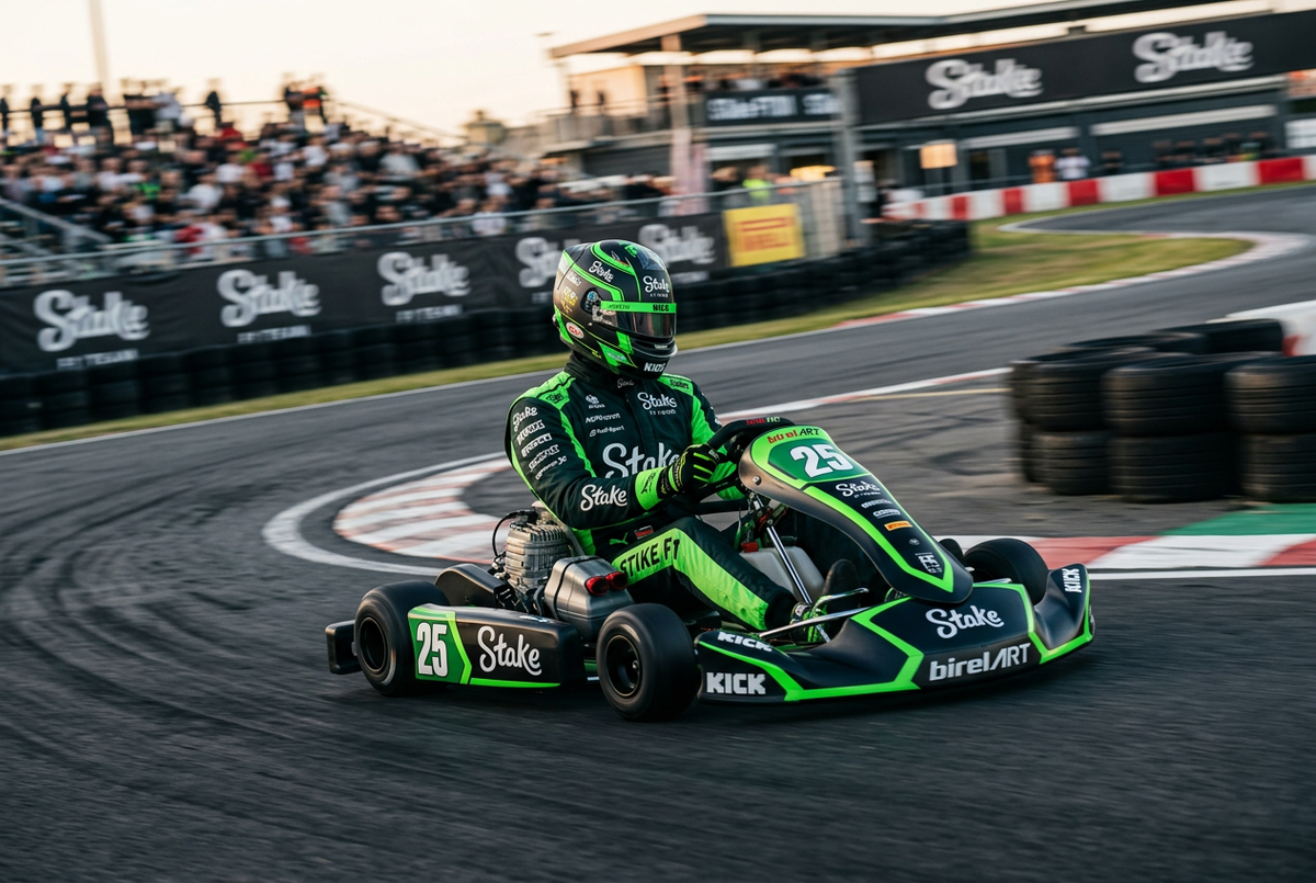 Stake F1 Karting Suit 2025 action track shot