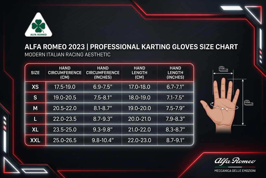 Alfa Romeo Karting Gloves 2023 - Size Chart