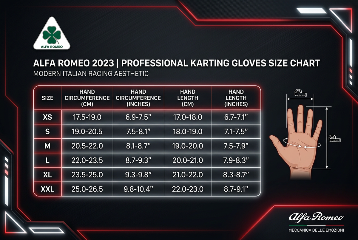 Alfa Romeo Karting Gloves 2023 - Size Chart