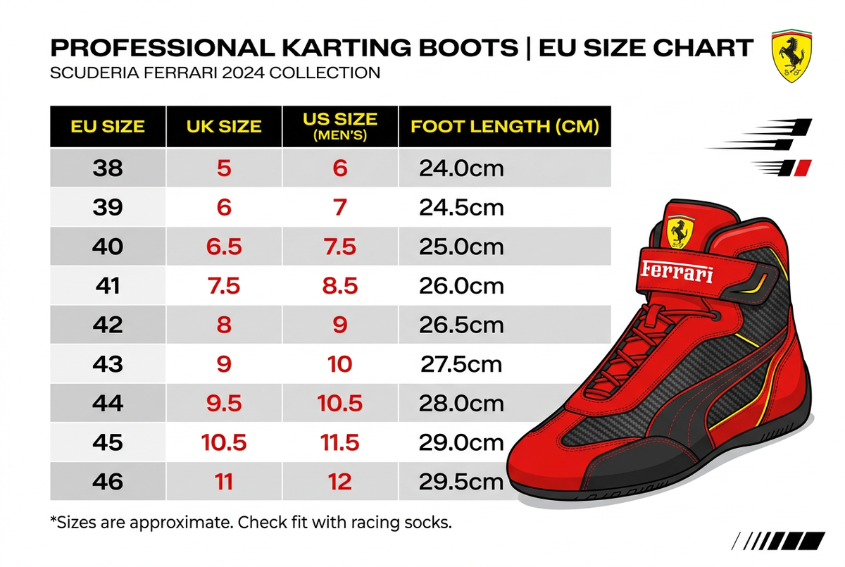 Ferrari 2024 Scuderia Karting Boots – EU Size Chart