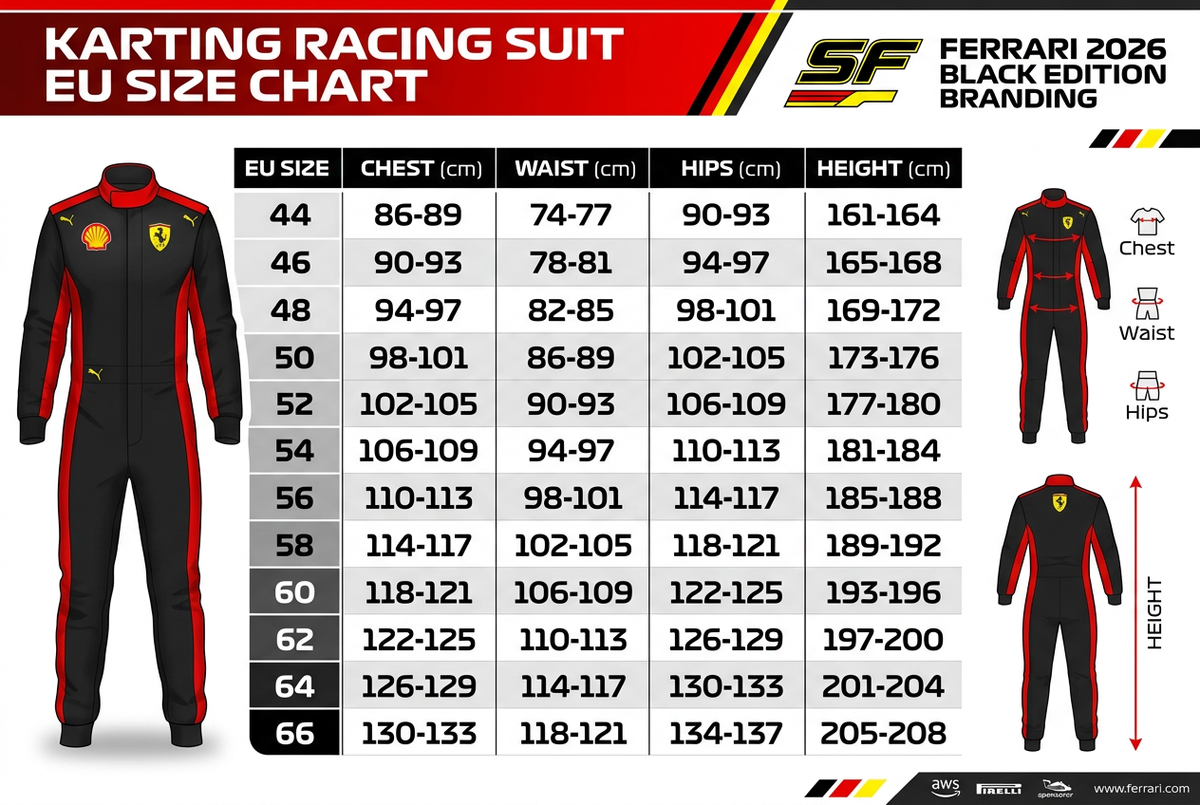 Ferrari 2026 Black Edition Karting Suit – EU Size Chart